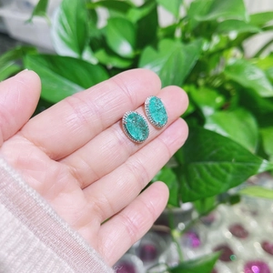 Vintage green crackle crystal earrings with silver setting and halo of white accents