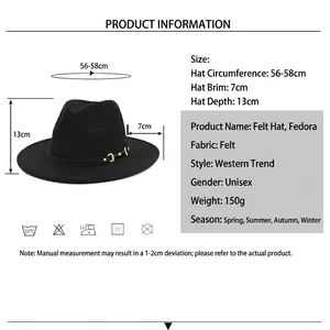 Black wool fedora hat with leather belt buckle shown with size chart and specifications