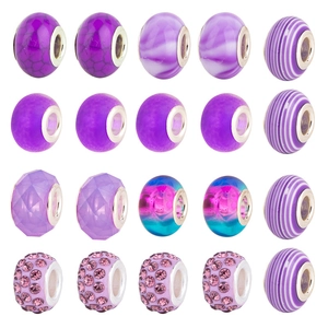 Detailed grid of 20 pink and purple DIY beads with silver cores for jewelry making