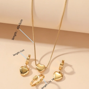 Parure bijoux cœur en acier inoxydable doré avec collier boucles et bague zircon