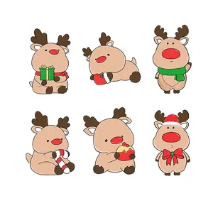 Set of 6 Christmas reindeer stickers with festive accessories like scarves and gift boxes