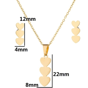 Golden irregular heart necklace and earrings set with detailed dimensions on white background