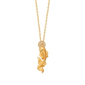 Gold koi fish pendant necklace with sparkling zircon coins in a Chinese style design