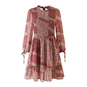 Bohemian Paisley Floral Print Chiffon Mini Dress Ruffle Stand Collar Smocked Waist Long Sleeve A-Line For Women