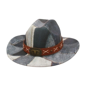 Vintage western cowboy hat with distressed print and bull head metal buckle strap