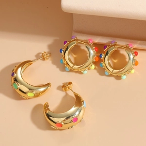 Colorful Zircon Hoop Earrings Bohemian 14K Gold Plated Copper C-Shaped Colorful Enamel Fashion Jewelry For Women