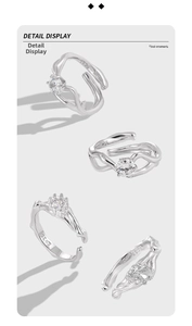 Detailed view of S925 sterling silver open rings with zircon stones and flowing metal design