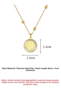 Detail view of gold shell camellia pendant with 1.3cm diameter and 40cm titanium steel chain