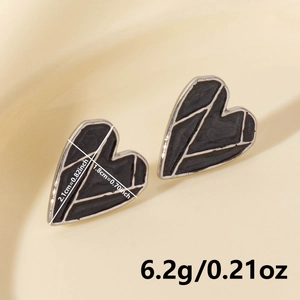 Silver 304 stainless steel heart earrings detail with black enamel inlay and dimensions