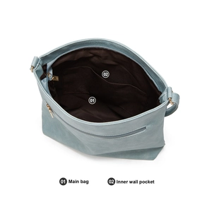 Top view of blue tote bag interior showing the main pocket and inner wall storage