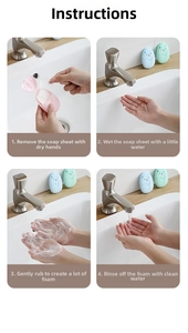 Step-by-step guide showing how to use portable bear-shaped paper soap sheets for hand washing