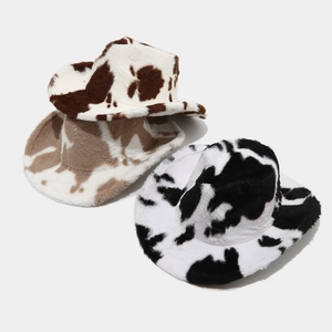 Plush faux fur cowboy hats in cow and giraffe prints for autumn and winter fashion