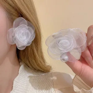Elegant white fabric rose earrings with pearl center in French vintage style for women