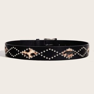 Punk style leopard print belt with silver studs and metal buckle on off-white background