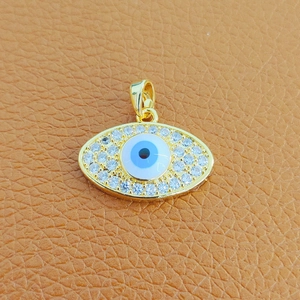 Fashionable gold-plated Evil Eye pendant with clear micro-pave zircons and blue enamel
