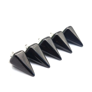 Set of five black natural stone hexagonal cone pendants with silver metal hooks for jewelry