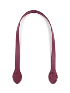 Close-up of wine red faux leather bag strap with stitched drop-shape ends and pre-drilled holes