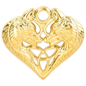 Gold heart pendant with Celtic wolf head design and knotwork in high-quality steel