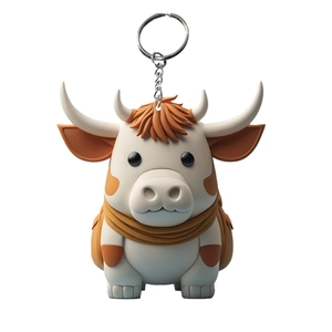 Detailansicht eines süßen Highland-Cattle-Schlüsselanhängers mit 3D-Textur und Ring