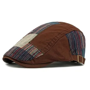 Béret patchwork marron style vintage pour hommes avec boucle métallique réglable