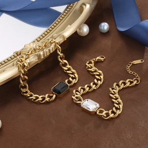 Bracelets gourmette en acier inoxydable doré 18 carats avec cristaux noirs et blancs