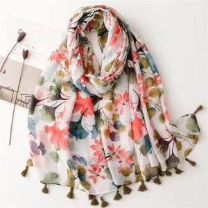 Écharpe Imprimé Fleuri Bohème Ethnique Femmes Châle Voile Léger Sensation Coton Lin Glands Rétro Protection Solaire Voyage