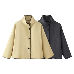 Women's chic high collar wool jacket in beige and dark grey with black button closure
