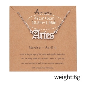 Aries zodiac necklace with silver gothic lettering pendant on a minimalist card