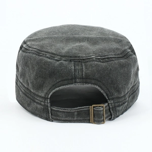 Distressed charcoal cotton baseball cap with adjustable metal buckle on white background