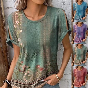 Women Bohemian Floral Print T-Shirt Cold Shoulder Hollow Out Crew Neck Casual Short Sleeve Top Polyester Spandex