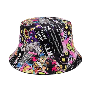 Reversible Bucket Hat Vintage Graffiti Print Double Sided Polyester Sun Protection Outdoor Streetwear Retro Style Men Women