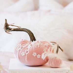 Pink velvet decorative pumpkin with white lace floral embroidery and pearl sequins detail