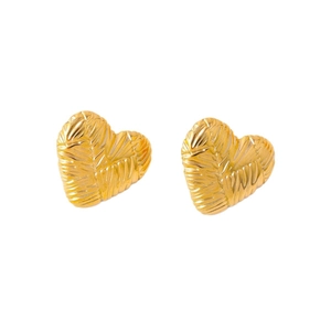 Textured gold heart stud earrings for women in stainless steel with vintage relief design