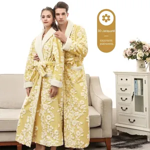 Thickened Flannel Bathrobe Women Men Long Sleeve 3D Jacquard Nightrobe Winter Warm Long Sleepwear Belted Shawl Collar