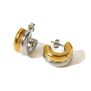 Minimalist C-shaped double hoop earrings in two-tone gold and silver stainless steel