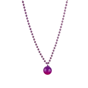 Detail of a shiny metallic purple disco ball pendant on a matching beaded necklace