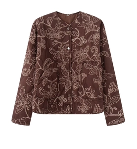 Detailed view of quilted texture and vintage floral embroidery on brown jacket