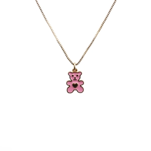 Mignon collier pendentif ours rose avec cœur doré et chaîne maille vénitienne