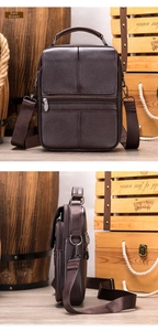 Detailed views of dark coffee leather crossbody bag with front zipper and top handle