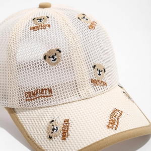Breathable mesh baseball cap for kids featuring cute bear embroidery in beige color
