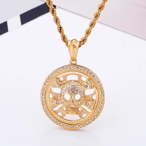 Hip hop style gold skull and crossbones pendant necklace with clear crystals on twist chain