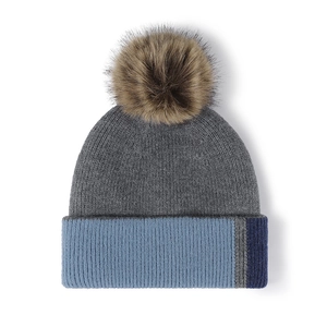Knit color block beanie with pom pom, featuring a grey crown and light blue folded cuff