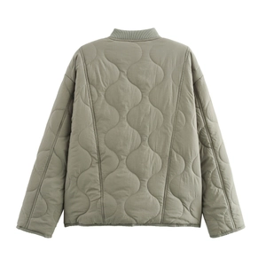 Back view of olive green quilted jacket featuring textured wavy pattern and ribbed collar