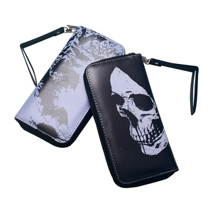 Long Zipper Wallet PU Leather Large Capacity With Wrist Strap Skull Bat Print Retro Gothic Style Handbag For Men Women