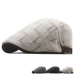 Mens British plaid cotton beret flat cap with adjustable buckle and three color options