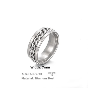 Detail view of 7mm rotating titanium steel chain ring with specifications and size chart
