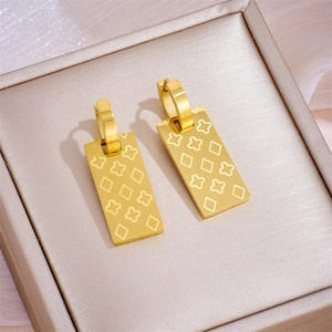Stainless Steel Square Hoop Earrings 18K Gold Plated Engraved Clover Geometric Pattern Minimalist Fashion Jewelry Women