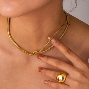Minimalist 16k gold plated titanium steel knotted necklace and chunky ring set for women