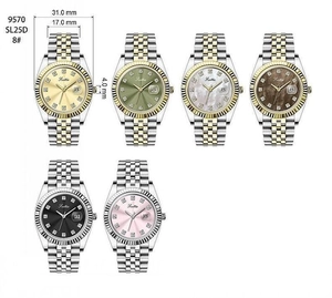 Detail view of steel ladies' business watches with various dial colors and 31mm case