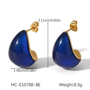 Detailed view of blue resin teardrop earrings with dimensions 2.11cm by 1.48cm and 8.3g weight